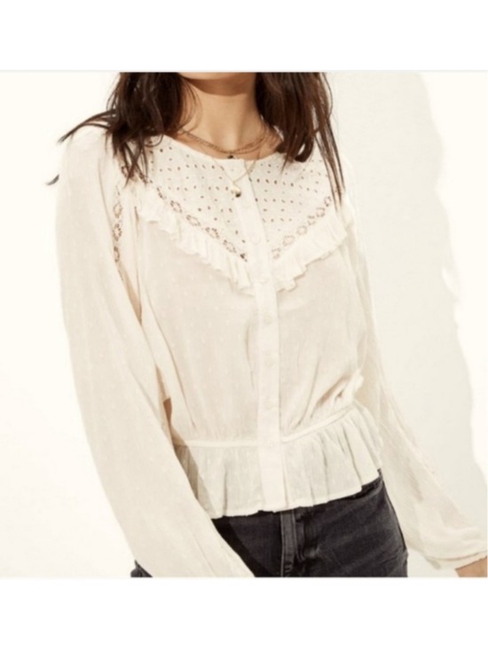 American Eagle Outfitters Tops - Women's American Eagle Off-White Eyelet Ruffle Gauzy Boho Peasant Blouse L